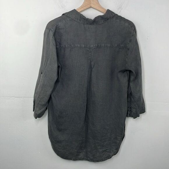 Side Stitch Linen Popover Tunic Top Blue Roll Tab Sleeve Pocket Collar Small - Picture 7 of 15